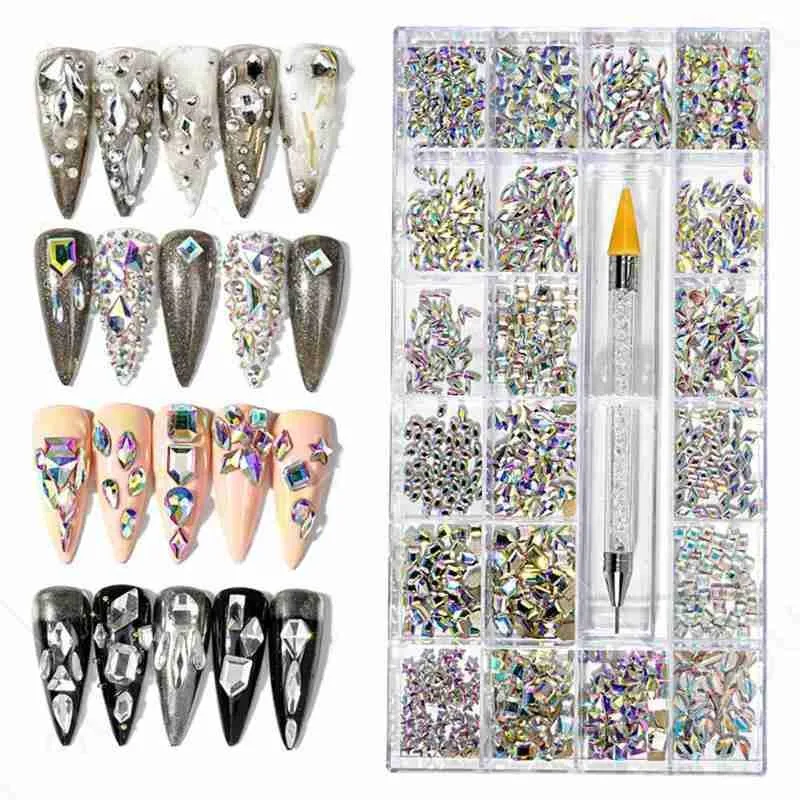 

1set Nail Art Special Shaped Size Mixed Set 21 Lattice Rhinestone Jewelry Double Point Drill Pen Set 3D Nail Rhinestones