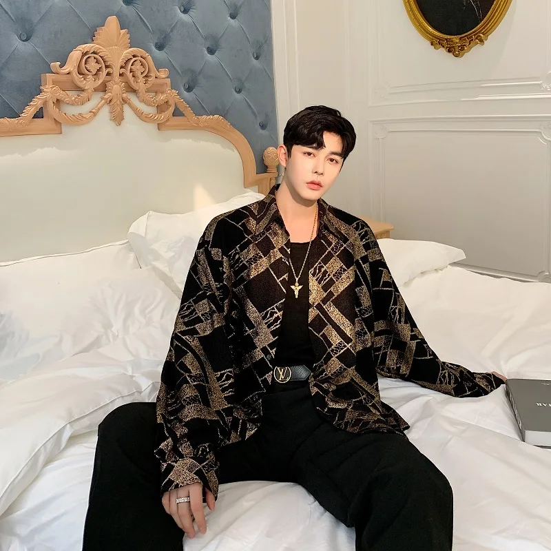 Мужская хип хоп с длинными рукавами и золотым узором свободная деловая