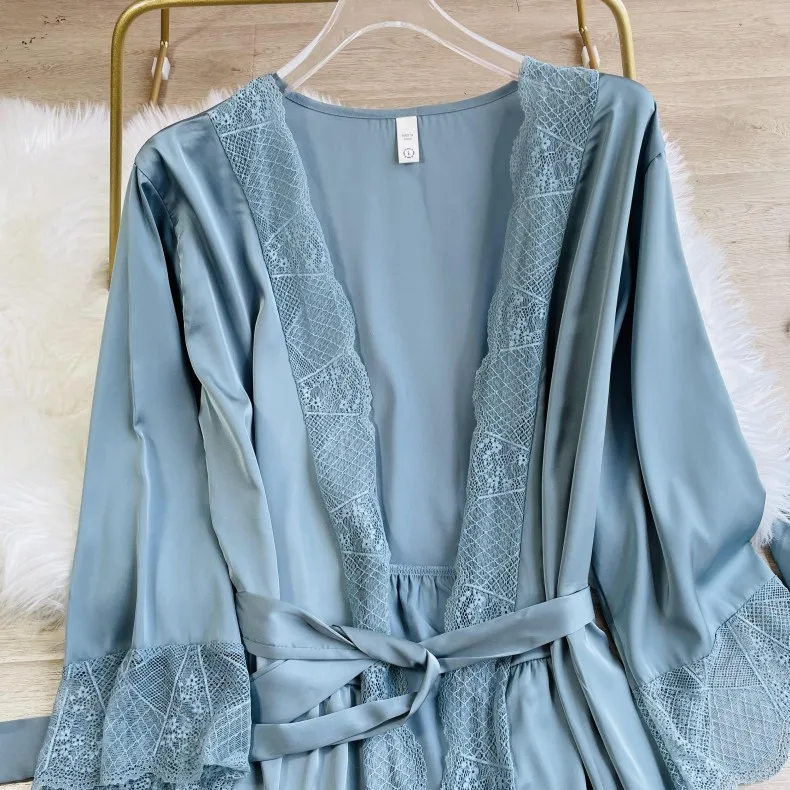 2PCS Robe Set Women Kimono Bathrobe Gown Satin Bride Bridesmaid Wedding Robe Intimate Lingerie Casual Nightdress Lace Nightwear