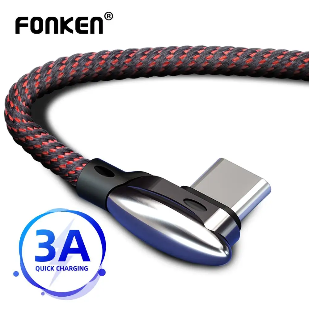 

FONKEN 90 Degree USB Type C Cable 3A Fast Charger Type-C Bend Cord Charging for Android Mobile Phone Data Cord Nylon Game Wire