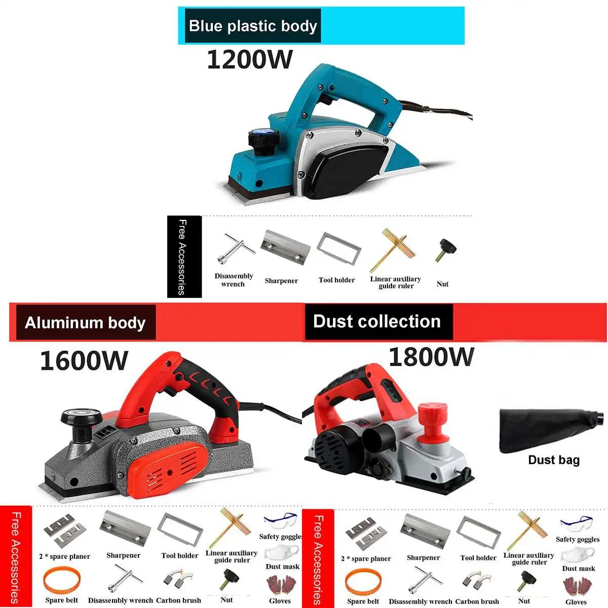 

Doersupp Electric Planer 1800W/1600W/1200W Carpentry Tools Woodworking Multi-function Household Hand Plane Wood Cutting Planing