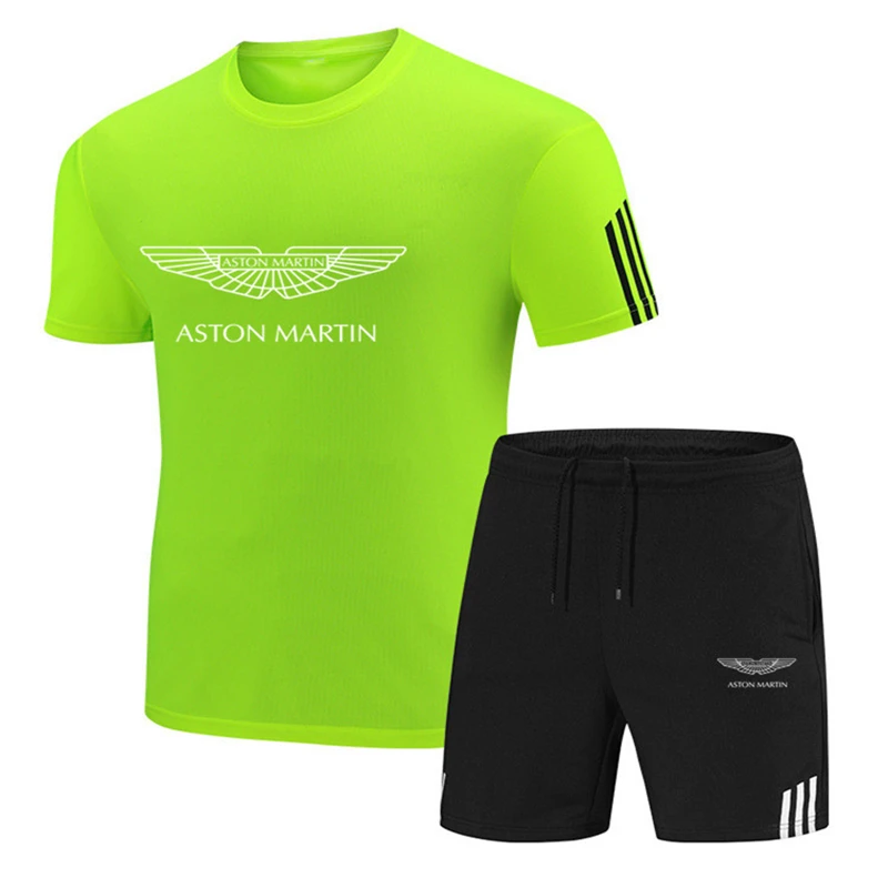 

ASTONMARTIN car LOGO new men's 2021 summer two-piece men's short-sleeved T-shirt + shorts suit sportswear fitness running suit