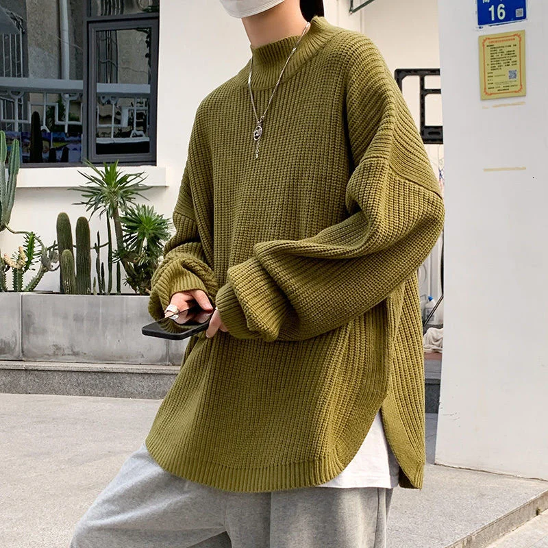 

Loose Long Sleeve Round Neck Sweater Split High Street Top Casual Male Clothing Spring Autumn Thick Knitted Pullover Oversize