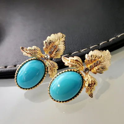 

Gold Leaf Set Diamond Hanging Earrings Gorgeous Blue Turquoise Hoop Stud Earrings Bride Wedding Engagement Jewelry Gifts