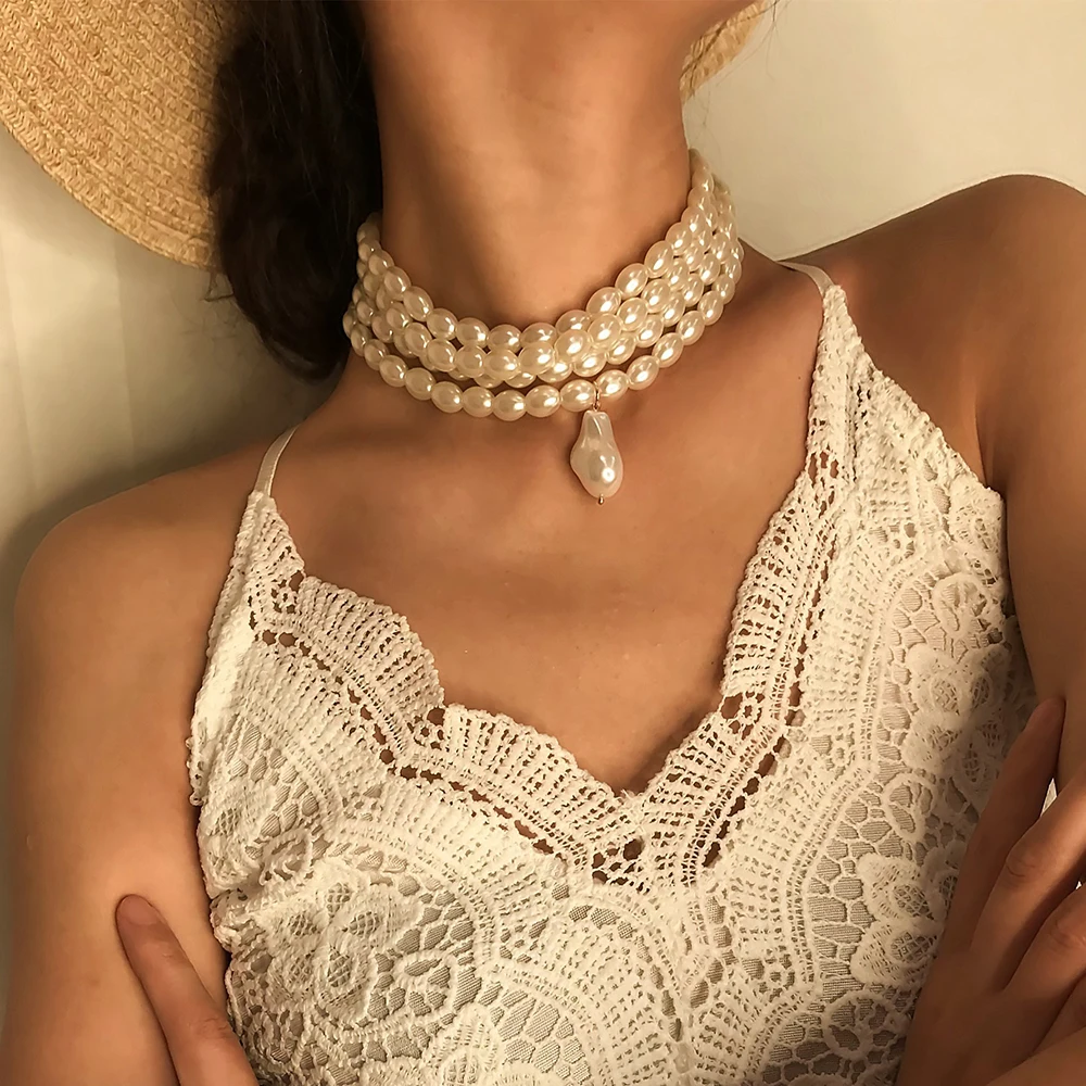 

Fashion Gorgeous Multilayers Imitation Pearl Choker Necklaces for Women Jewelry Irregular Pearls Pendant Wedding Necklace 2021
