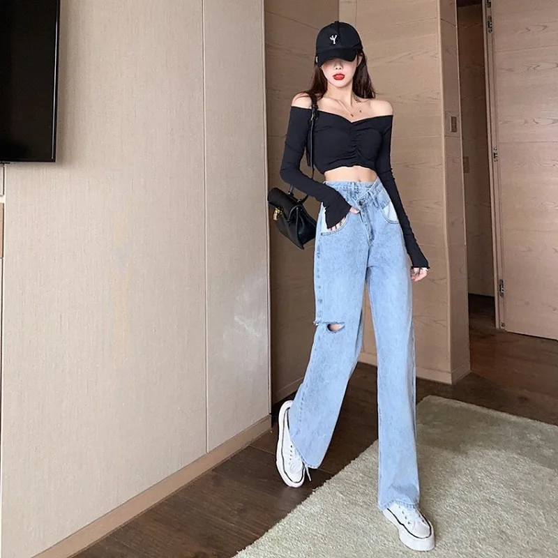 

ZAWAHIKI Korean Ins Solid Elegant High Waist Irregular Casual Ripped Jeans for Women 2021 Spring Loose Straight Vintage Pants