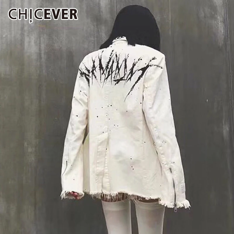 

CHICEVER Korean White Print Denim Blazer For Women Notched Long Sleeve Casual Loose Blazers Female 2021 Spring Fashion Clothing
