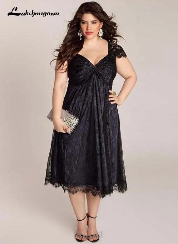 

Full Lace Mother Of Bride Dresses Plus Size Cap Sleeve A Line Tea Length Black Elegant Short Mother Dress Evening Gowns Cheap