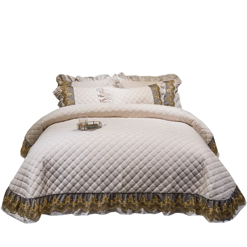 

Luxury Beige Blue Pink Crystal Velvet Flannel Fleece Quilted Lace Bedspread Bed Cover Bed Sheet Mattress cover Pillowcases 3pcs