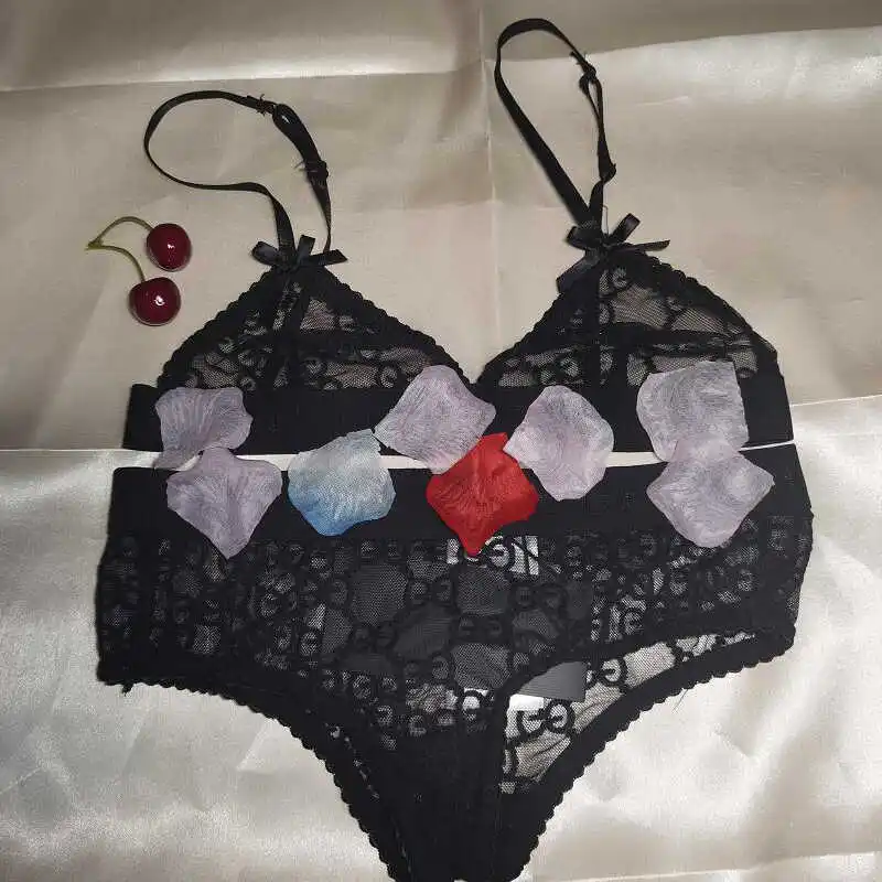 

2 PCS Women G letter Lingerie set See-through Sexy bralette bra Set Transparent Mesh Underwear set Nightwear bra panty set