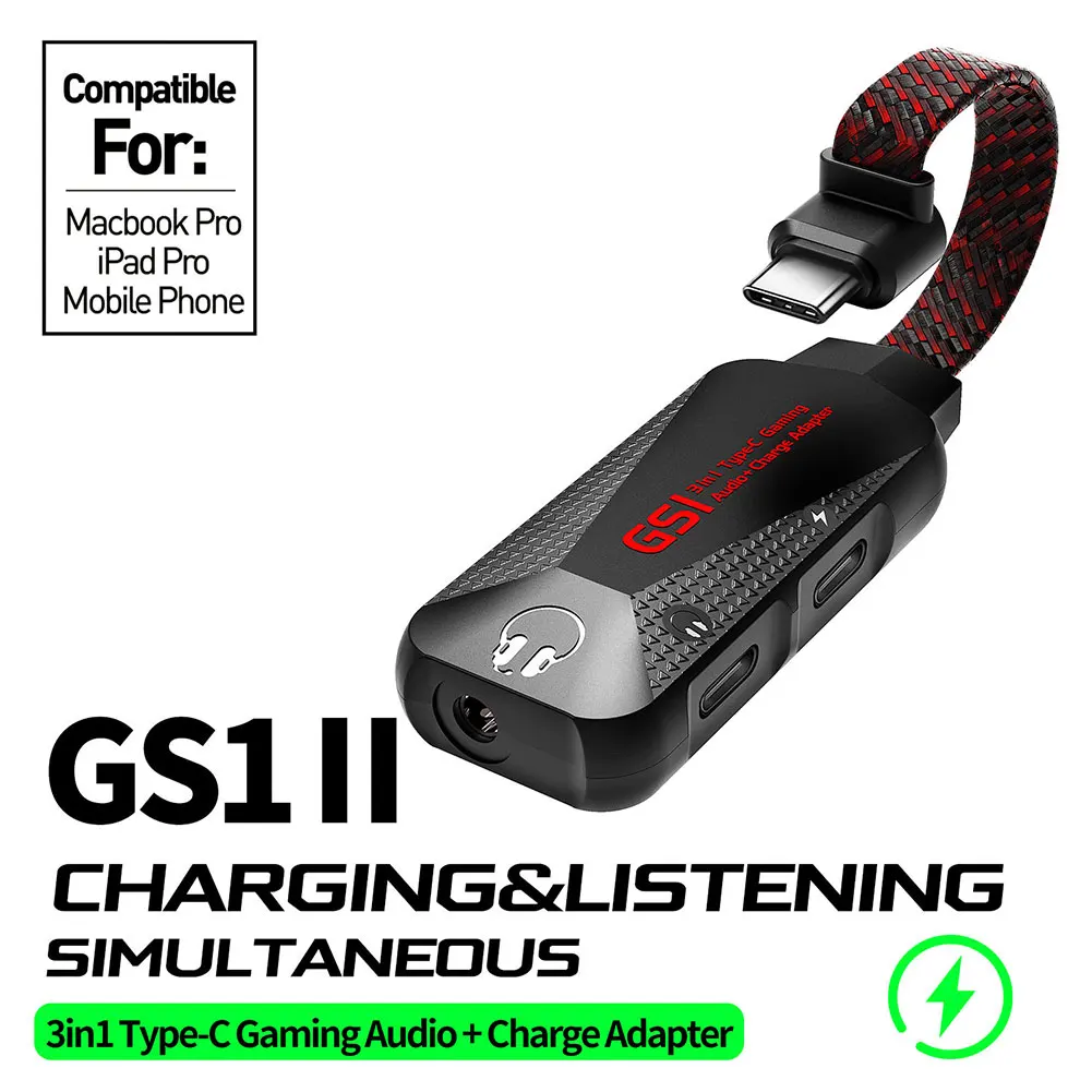 

GS1 USB C Charging Adapter 3 in 1 Type-C to 3.5mm QC Fast Charging Mobile Phone Game Sound Card Audio Adapter Cable