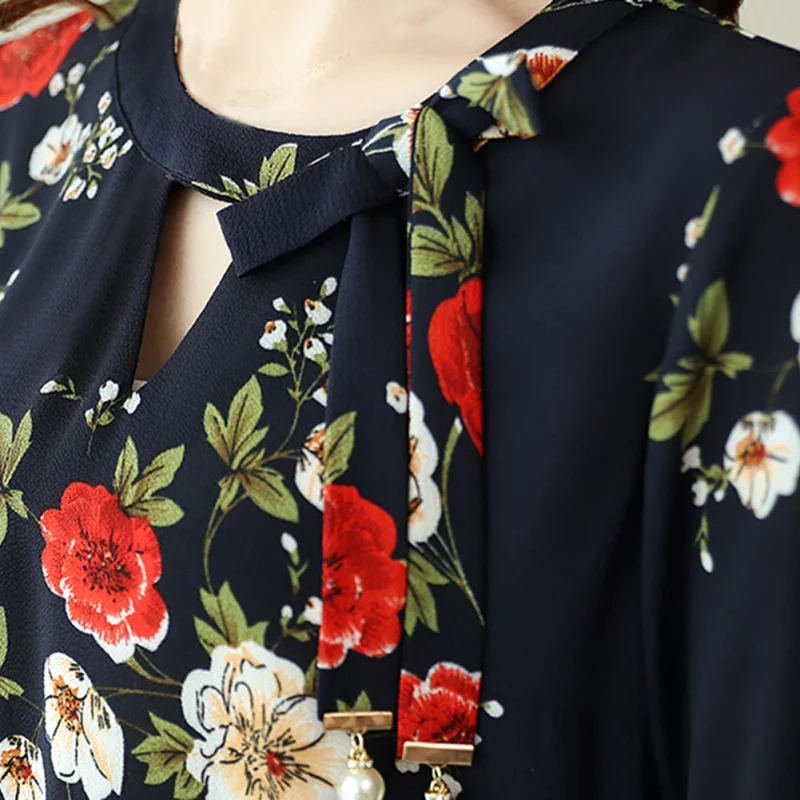 

Summer Flower Printing Blouses Women Flare Sleeve Shirt Elegant Three Quarter Tops Blusas x
