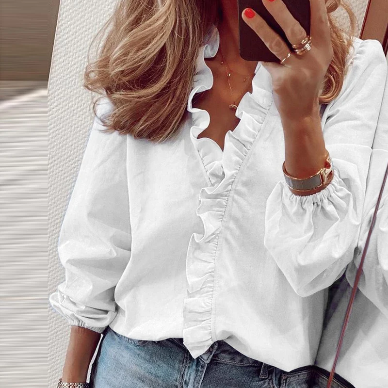 

Elegant White Long Sleeve Women Shirts V-neck Ruffle Women Tops Solid Office Shirt Lady Loose Shirt Women Tee S-5XL