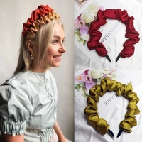 2021 new fashion hairband plain color fabric satin silk oversize large pleated headband for women hair accessories