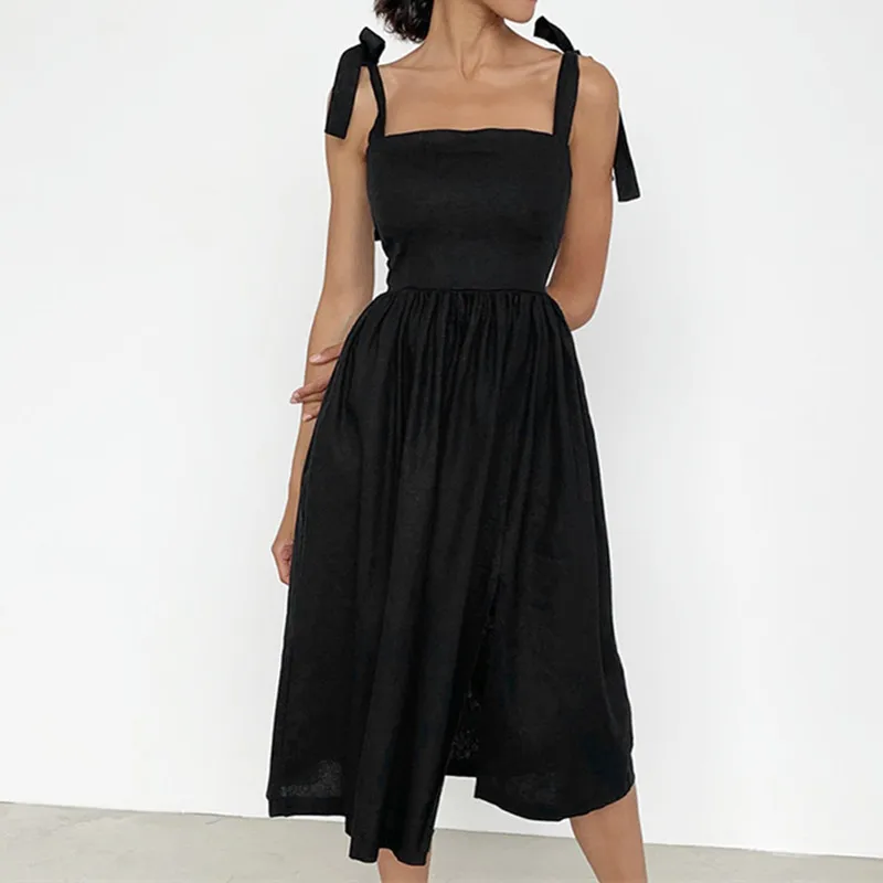 

Black Casual Sundress Women High Waist Sleeveless Strap Dress Summer Ruched Elegant A-Line Midi Dress Cotton Khaki 2021