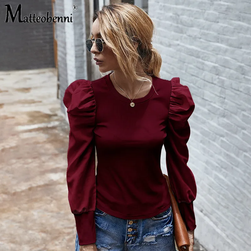

2021 Autumn Women T shirts Pullovers Solid O-neck Long Puff Sleeve Tops Casual Fashion Office Slim Knitted T Shirt Ladies Tops