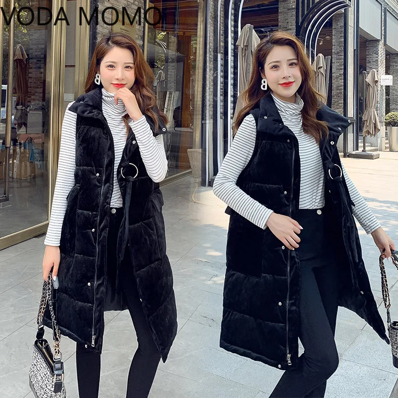 

New Long Vest Women Coat 2020 Winter gold velvet Vest Women Waistcoat Fashion Ladies Stand Collar Velvet Vest Jacket For Female
