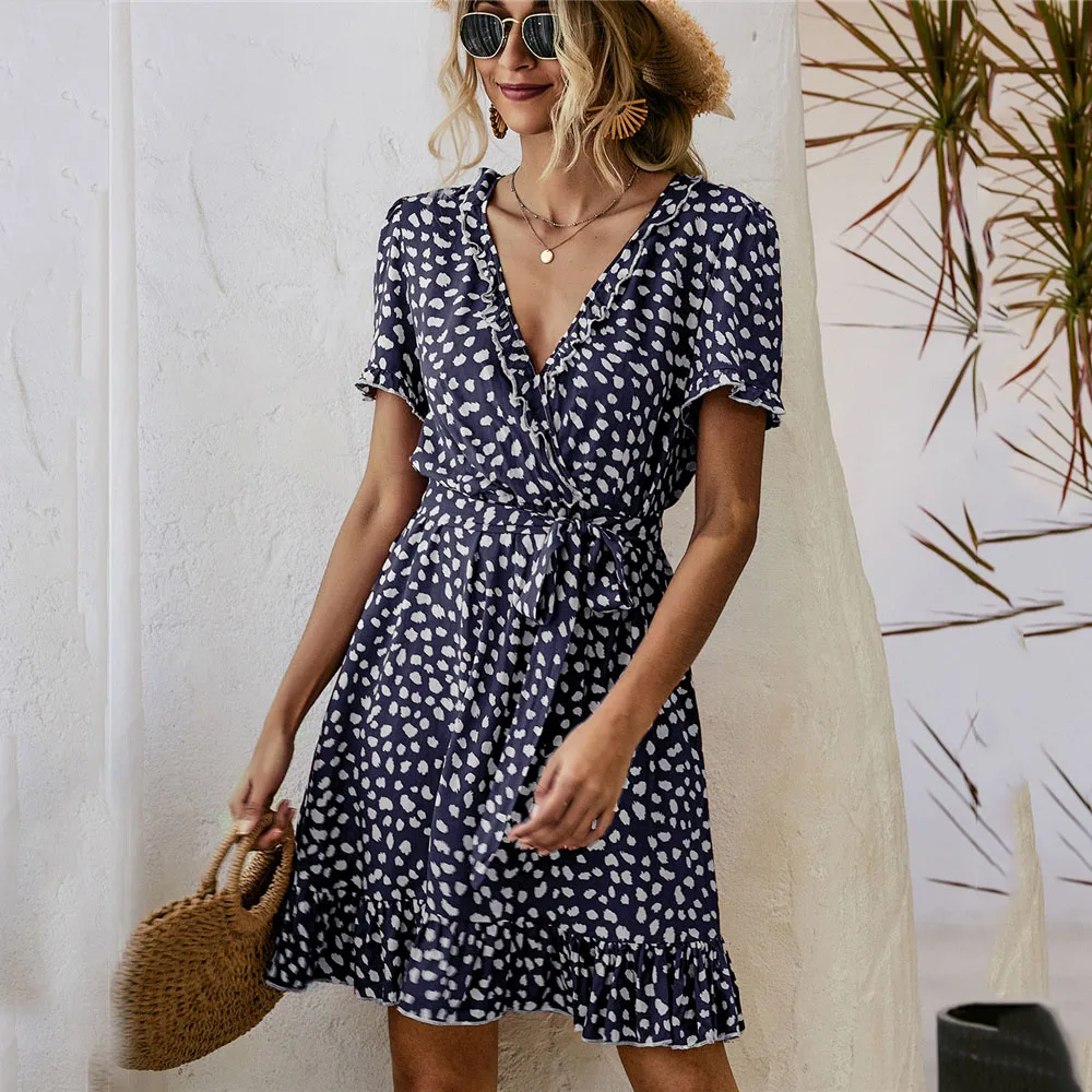 

Woman Casual Ruffle Floral Lace Up Summer Dress Fashion Deep V-neck Short Sleeve Vestido Boho Beach White Dresses For Women 2021