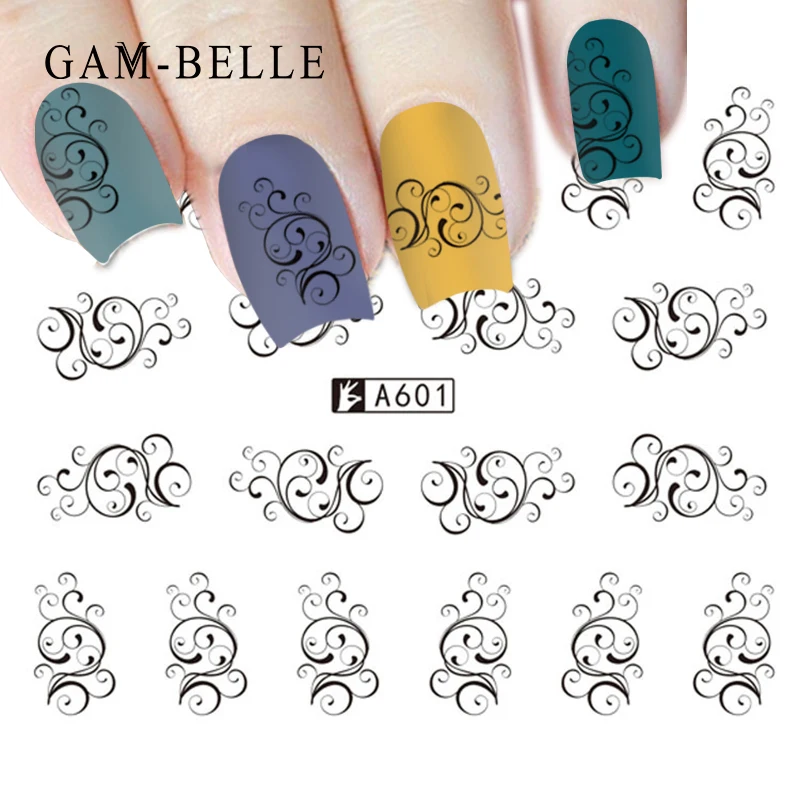 

Набор наклеек для ногтей GAM-BELLE, 1 лист, черная наклейка на воду, сексуальный кружевной цветок для DIY, слайдер, наконечники, инструмент для укла...