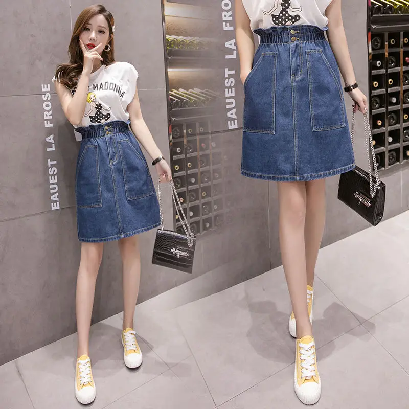 

summer women clothing denim fabric washed skirts s-5xl size knee length high waist women skirts cowboy solid color