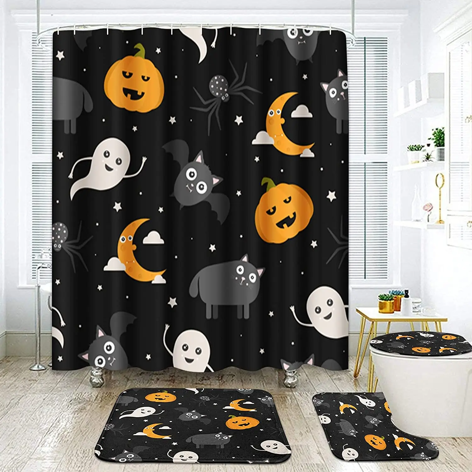

Halloween Bat Ghost Print Shower Curtain Set Carpet Cover Toilet Cover Bath Mat Pad Set Bathroom Curtain With 12 Hooks Home