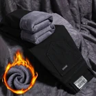 Мужские теплые эластичные джинсы, черные утепленные флисовые брюки на зиму, 2021