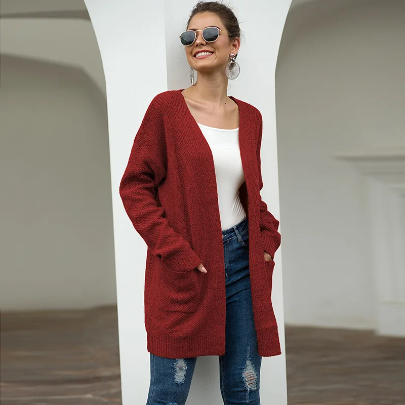 Sweater women 2019 autumn and winter loose large size knit cardigan pocket solid color European American vestidos MMY77035 |