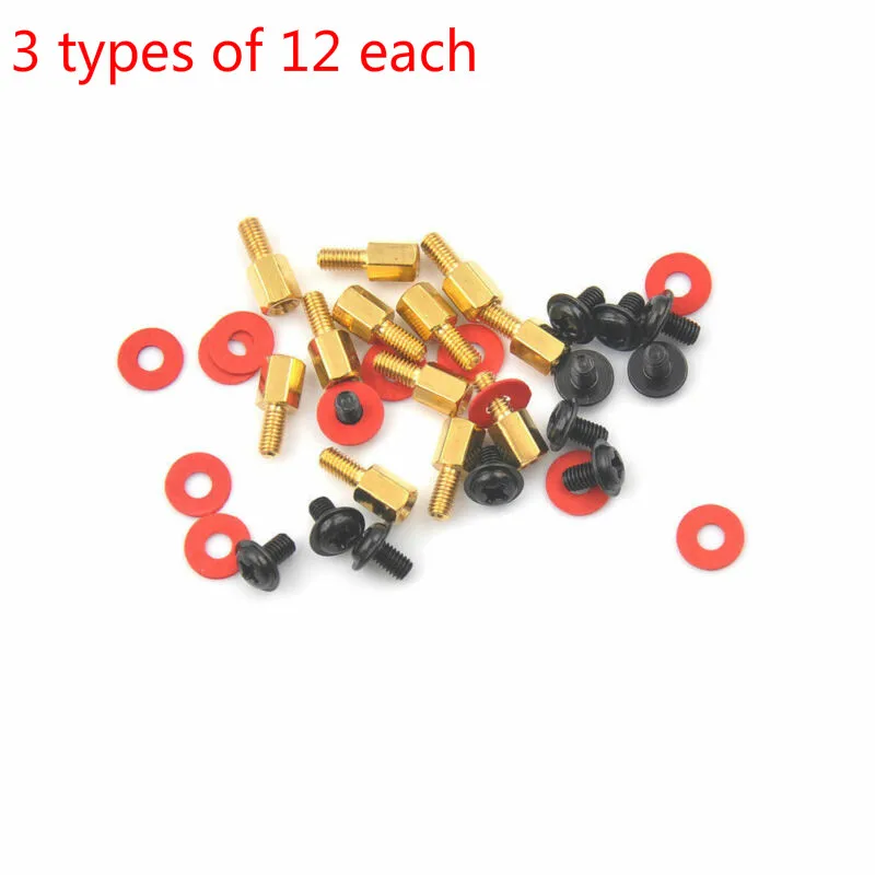 

12pcs/set Golden Hexagon Brass Post Single Head M3x6 + 6mm+ Black Carbon Steel Pan Head Phillips Screw , Red Washers M3