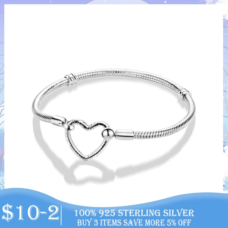 

New Bracelet 925 Sterling Silver Heart Love Closure Snake Chain Bracelet for Women Fit Original Pandora Charm Bead DIY Making