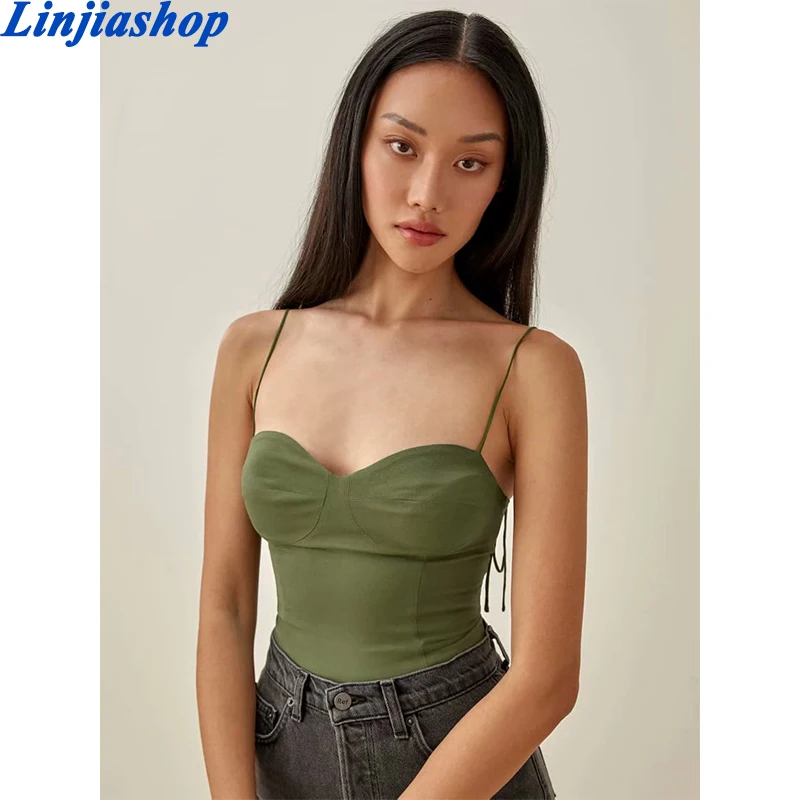 

Топ женский на бретелях-спагетти, французская приталенная Майка, элегантный зеленый топ-труба с боковой молнией, на лето