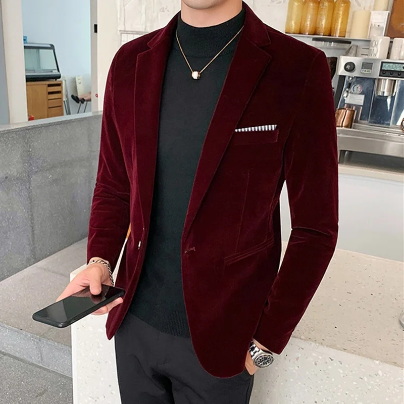 

Wholesale Custom Logo Business Style Softer Velvet Slim Fit Jackets Mens Blazers Homme Casual Man Suits