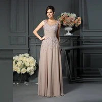 new graceful full length chiffon applique beaded mother of the bride dresses sheer jewel neckline wedding party gowns pleating
