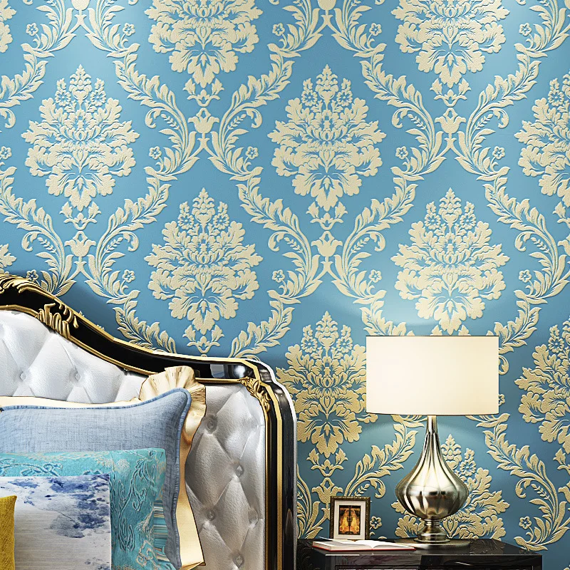 

Luxury Blue Damask 3d Stereoscopic Embossed Wallpaper non woven Wall Paper Roll Bedroom Living Room Wall Cover Beige allcovering