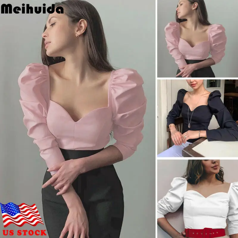 Женская облегающая блузка с рюшами укороченный топ длинными рукавами фонариками