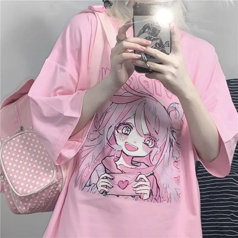 

Sweet girl cute cartoon Japanese street student Harajuku pink fun kawaii casual top Ulzzang retro loose summer women's T-shirt