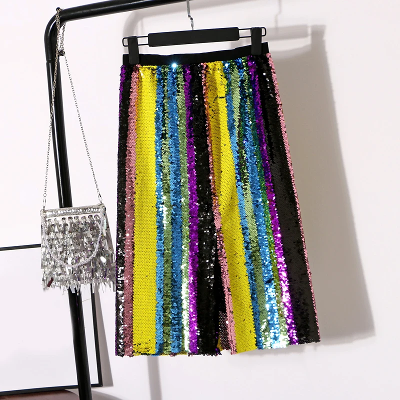 Юбка RealShe женская с блестками средней длины высокой эластичной талией в полоску