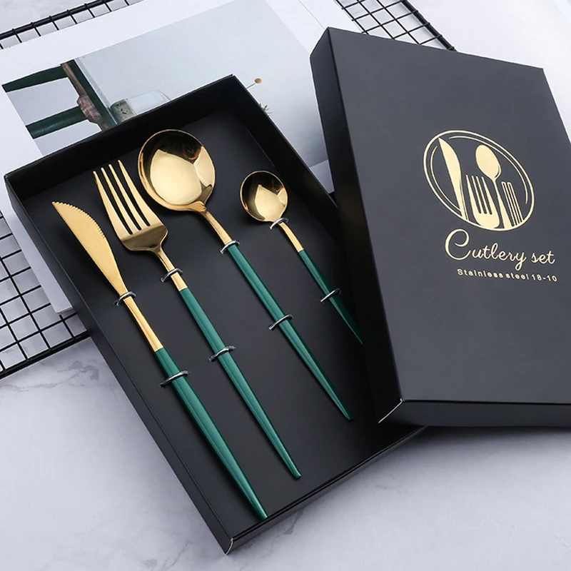 

4pcs Green Gold Dinnerware Set 304 Stainless Steel Cutlery Home Fork Spoon Knife Dinner Set Silverware Flatware Set Dropshipping