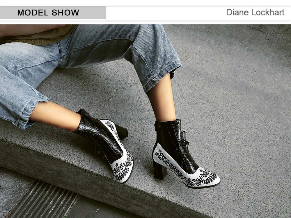 Retro Printed Booties Leather Women Ankle Boots Embroidery High Heels Casual Woman Shoe Zipper Vintage Female Footwear Boot 37