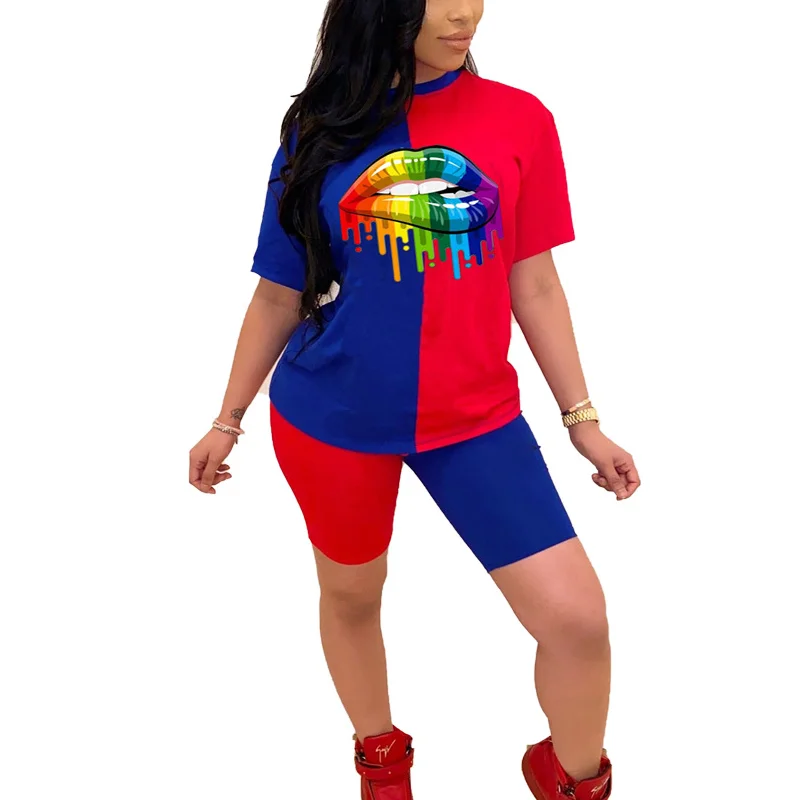 

New Arrival Fashion Two Pieces Tracksuits Women Set Lip Pattern Color Block O-neck Tops And Short Stretchy summer Sport suits