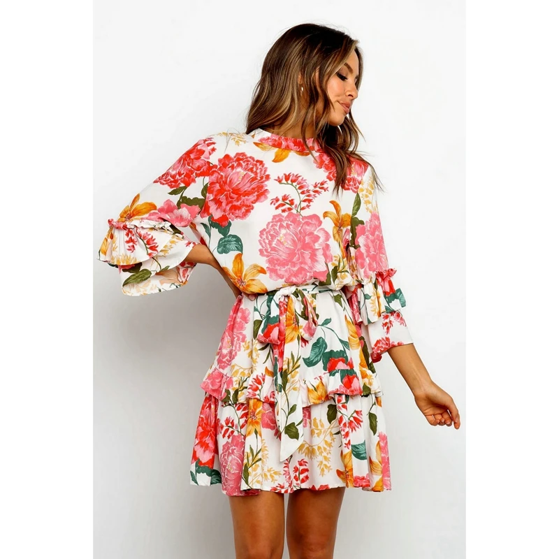 Elegant Women Casual Flower Print Ruffled Wrap Long Flare Sleeve Belted Boho A-line Beach wear Dresses