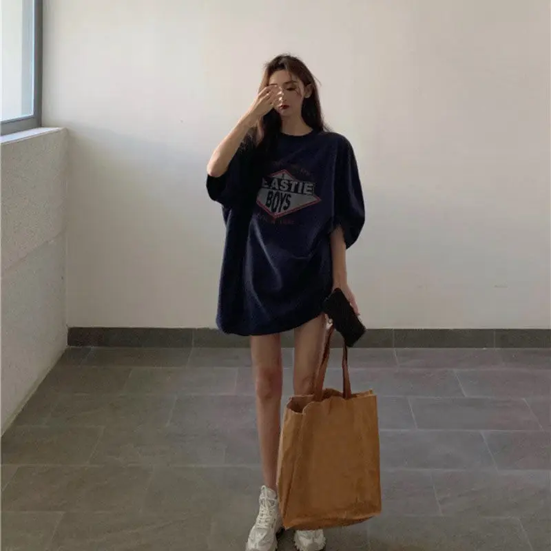 

Summer new letter short sleeve T-shirt Korean loose BF style versatile ins medium long half sleeve upper garment