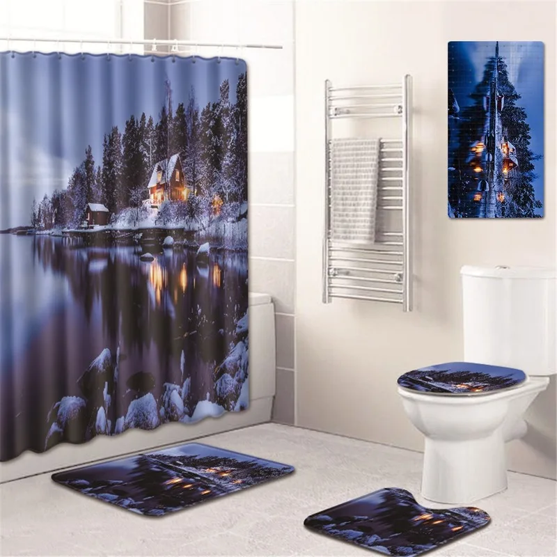 

Night View Shower Curtain Bathroom Mat Toilet Cover Mat Non-Slip Household Mat Kitchen Pad Five-Piece Carpet