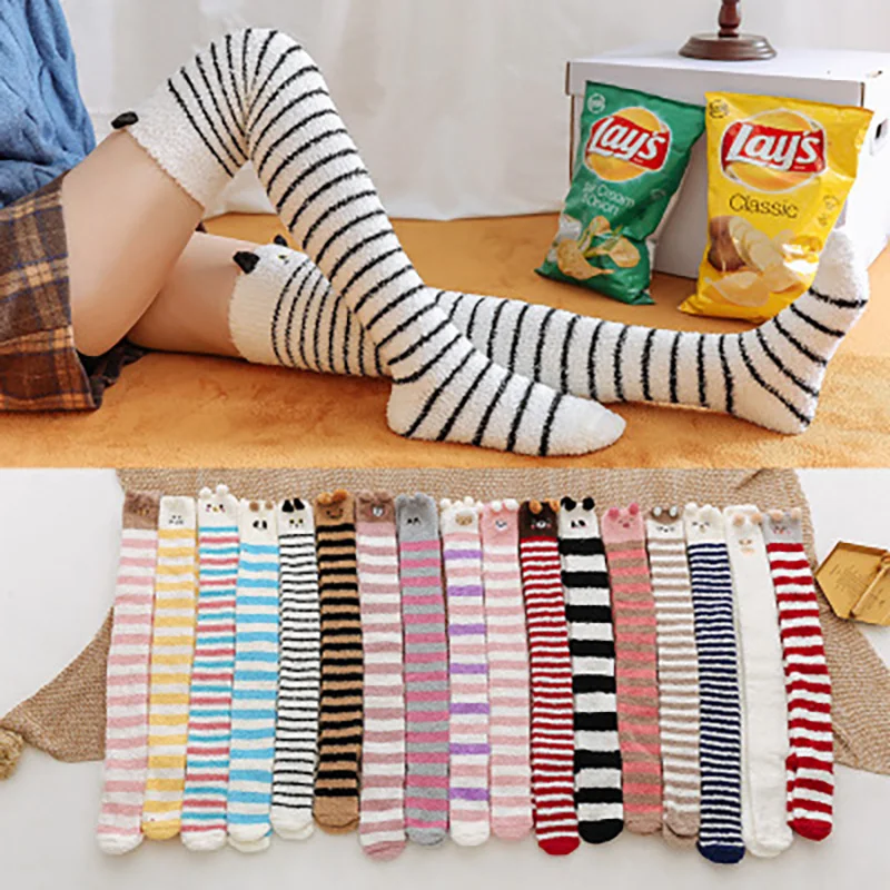 

Coral Velvet Knee Socks Home Thickened Warm Plush Towel Cute Cartoon Sleeping Female Socks Floor Autumn and Winter Baby Women
