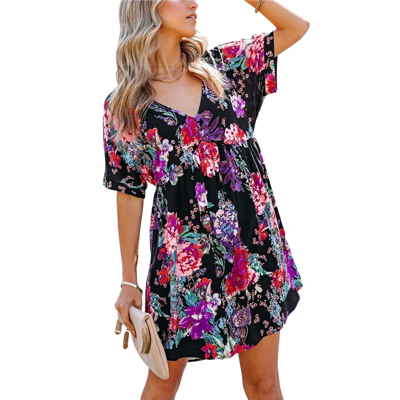 

Цветочный принт женское платье 2021 Лето v-образный вырез с высокой талией Пляж; Платье для свадьбы; Короткий рукав; Женская обувь в богемном с...