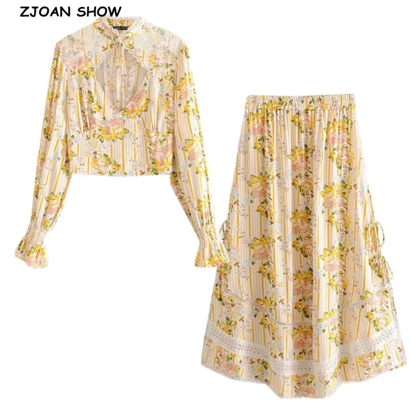 Женская кружевная блузка в полоску Длинная желтая с длинным рукавом и поясом на