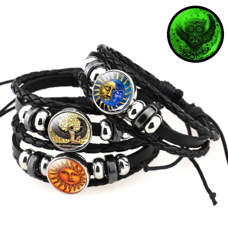 Египетская религиозная браслет ручной работы браслеты для женщин ювелирные изделия Светящийся стеклянный кабошон Черная кожаная пульсира Оптовая продажа