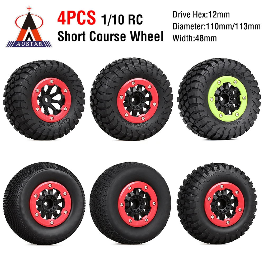 

Austar 4PCS 110mm RC Car Rubber Tires Wheel Rim Set for 1/10 Short Course Truck ARRMA SENTON 550 MEGA XLH 9125 Traxxas Slash