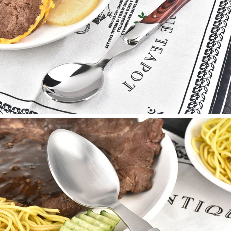 

8.7'' 22cm Laguiole style Wood Dinner Spoon Stainless steel Large Soup Rice Spoons Wood Tablespoon Japanese Cutlery 1/2/4/6pcs