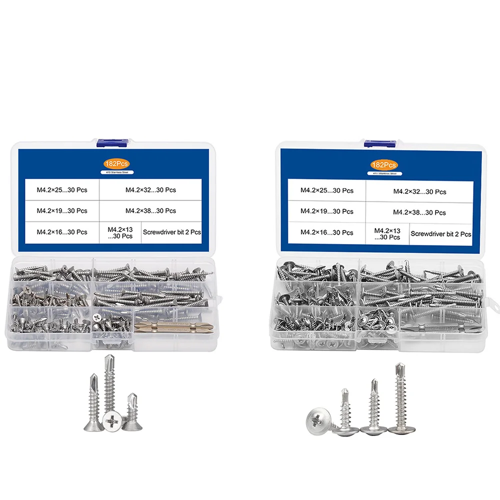 

182PCS/Box M4.2 Phillips Flat Head Self Drilling Tapping Screw Kit 410 Stainless Steel Washer Head Screw With Screwdriver Bit