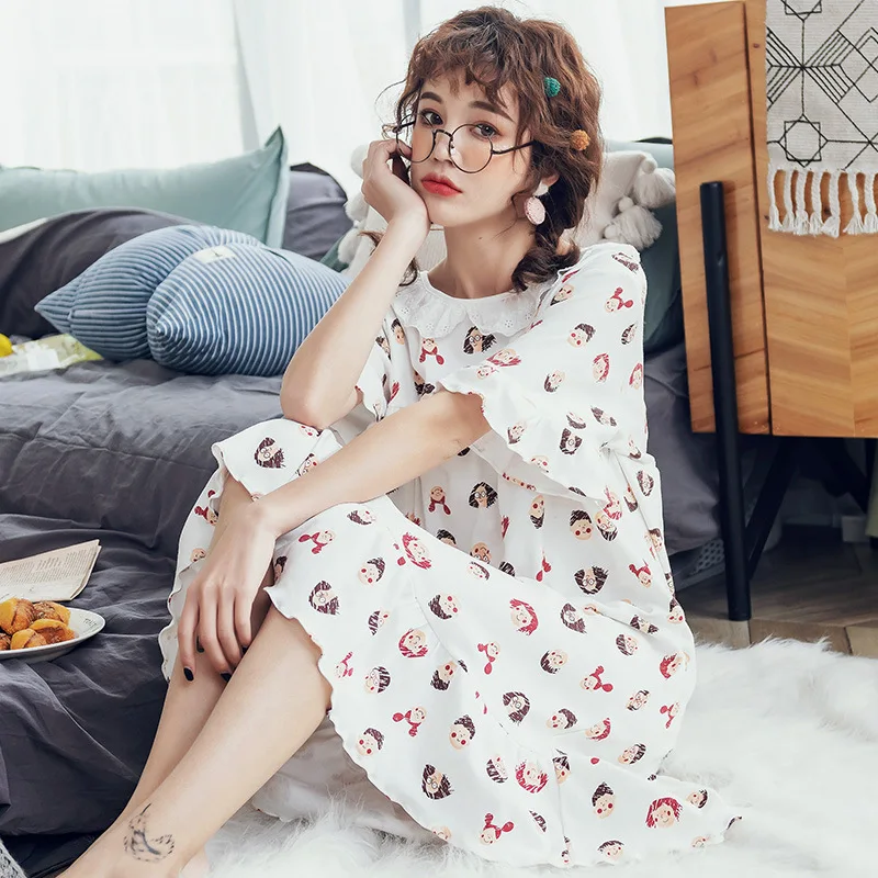 

Wome's Nightdress Female Summer Cotton Short-sleeved Sweet Loose Home Service Soft Elegant Night Dress Korean Version Pijamas